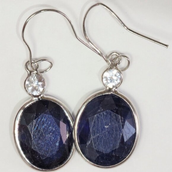 NWOT Lovely 14K WG Deep Blue Sapphires and White Sapphires Hook Earrings - Picture 1 of 6